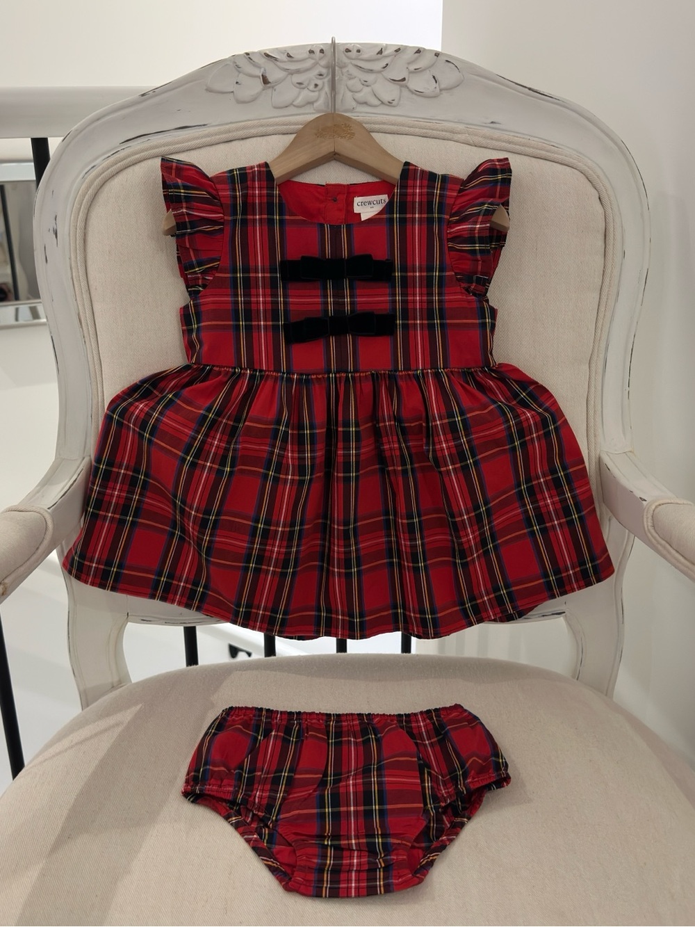 🦢 NWT 18~24 Mth Crewcuts Red Tartan Plaid Black Velvet Bow Dress and Bloomer Set